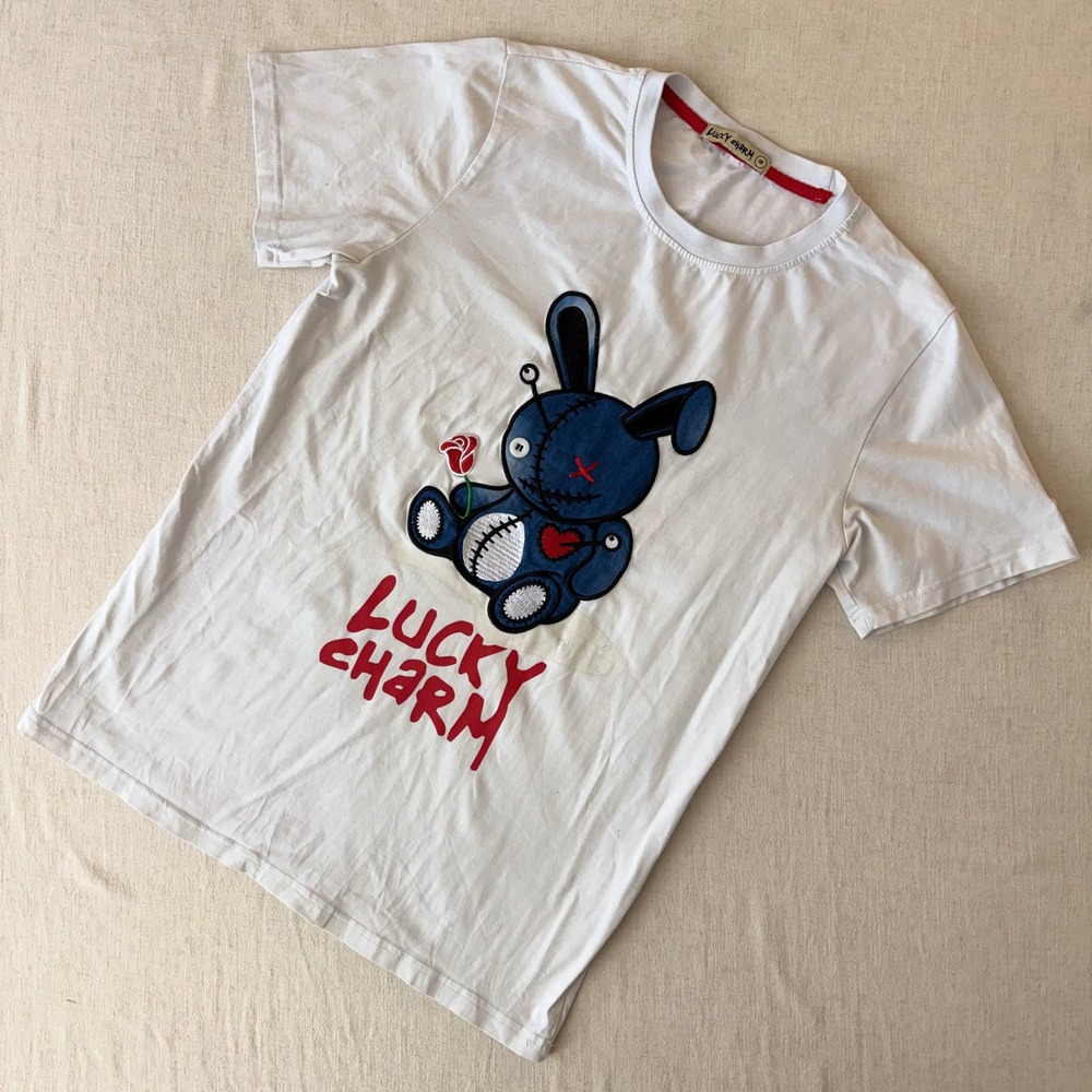 Lucky Charm Voodoo Bunny Graphic Tee White Short Sleeve Shirt